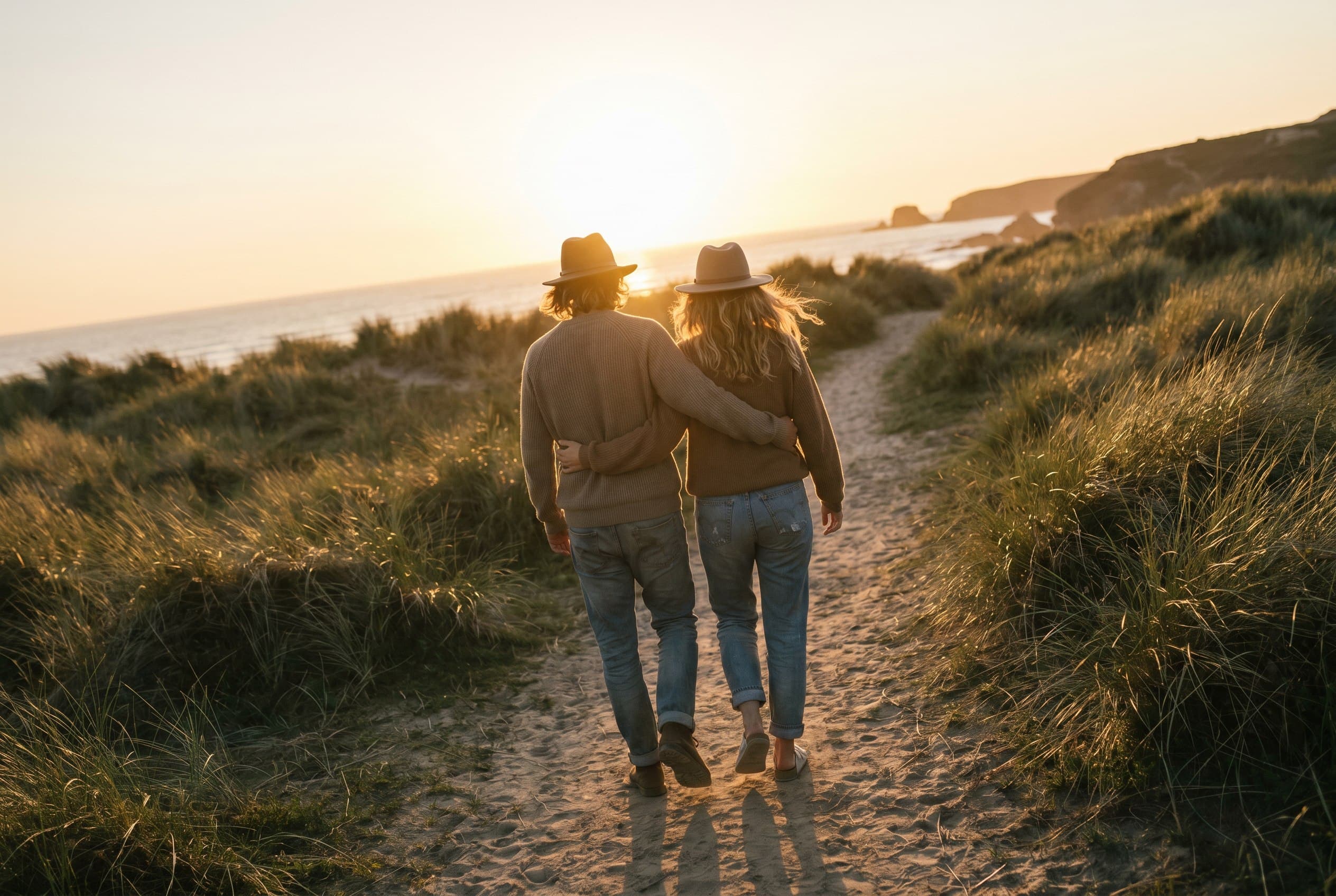 A couple walking a coastal path at golden hour